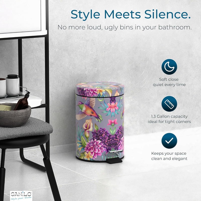 Sanilo Small Bathroom Trash Can with Lid [1.3 Gallon] - Lidded Tiny Trashcan for Garbage - Mini Metal Bin with Soft Closing Mechanism - Bath Room Accessoire Wastebin with Inner Bucket (Hummingbird) - Image 2
